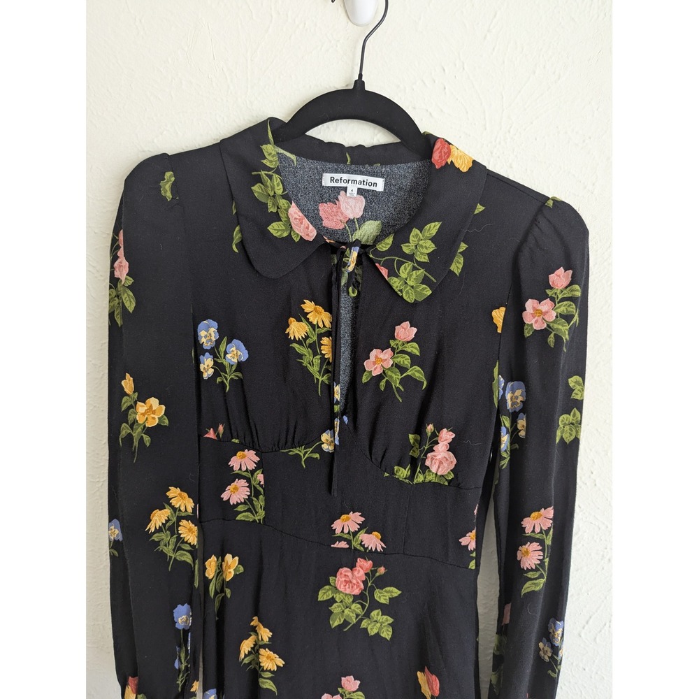 Reformation Will mini dress size 4 black floral‎ long sleeve keyhole - Picture 5 of 8